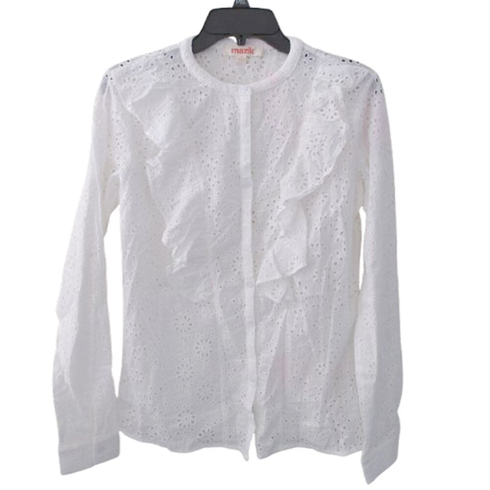 🆕 MAZIK White Embroidered BLOUSE Ruffle front Size: SMALL Long Sleeve NWT